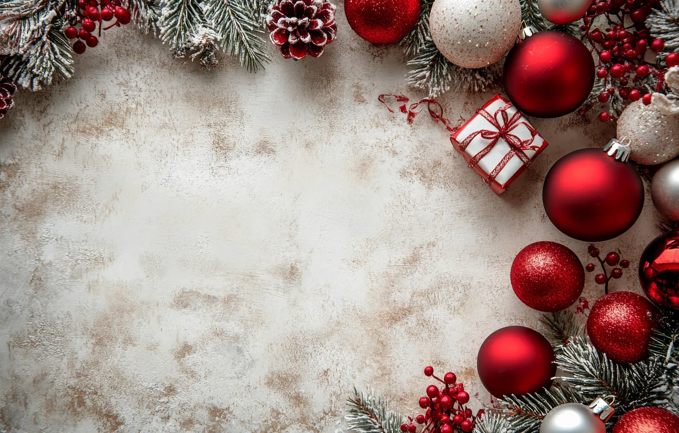 Photo wallpaper frost, balls, branches, red, berries, box, gift, new year