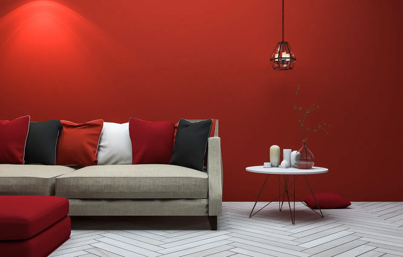 Photo wallpaper design, style, lamp, interior, pillow, sofa, living room, red color in the interior