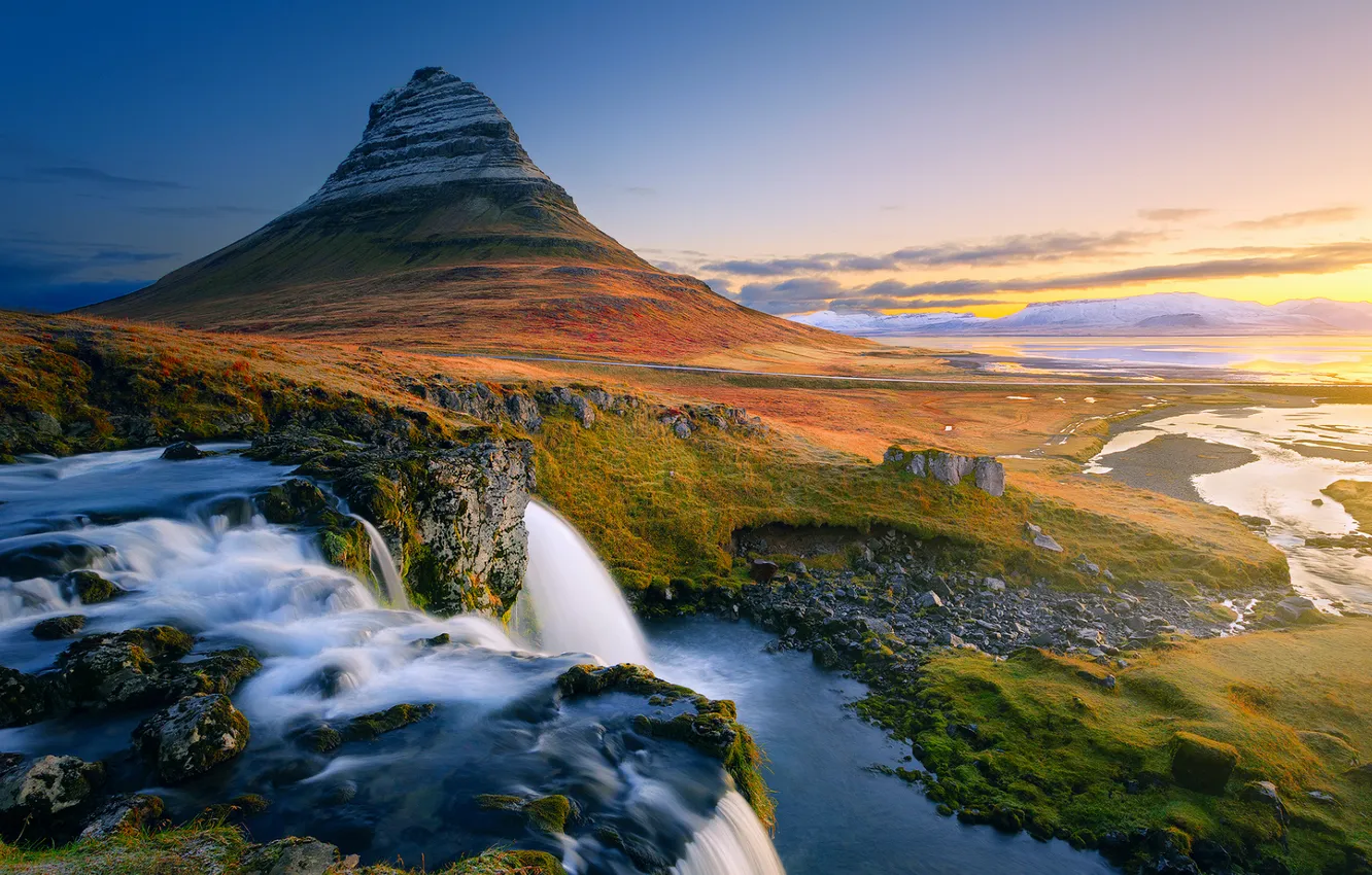 Photo wallpaper the sky, landscape, mountains, waterfall, Iceland