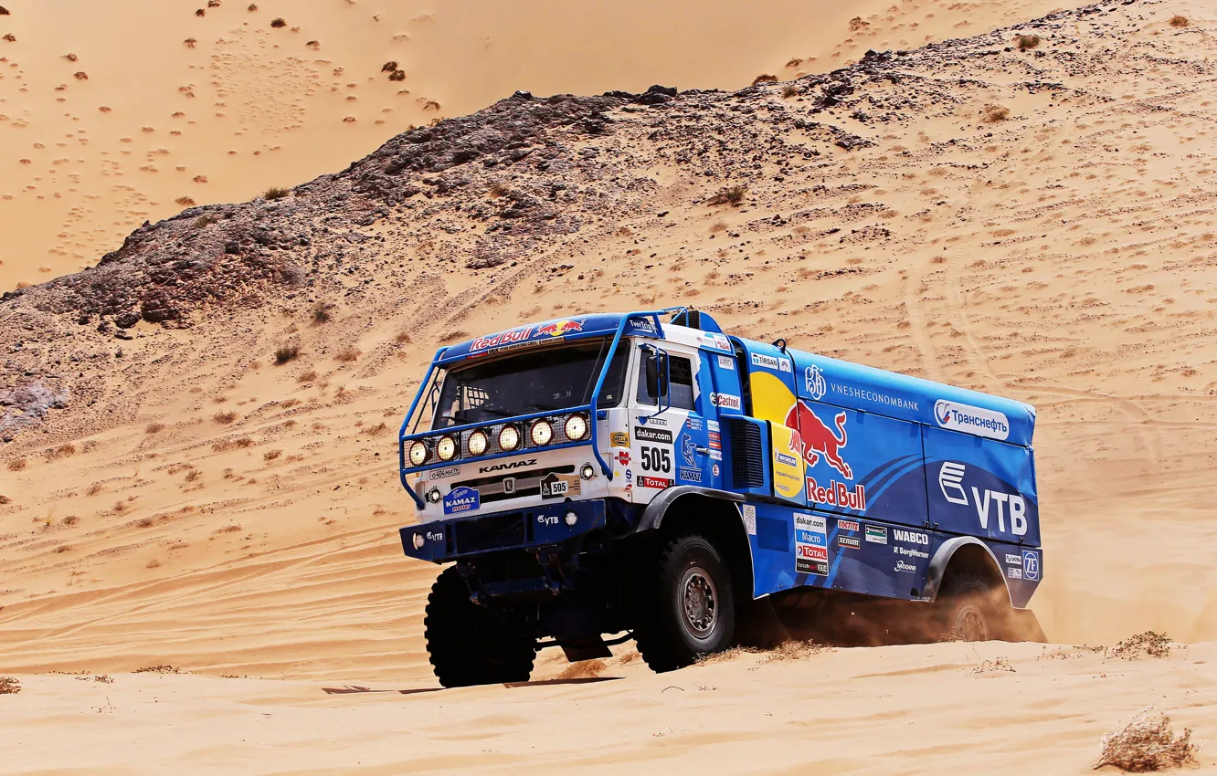 Photo wallpaper sand, Blue, Machine, Truck, Red Bull, Kamaz, Rally, KAMAZ