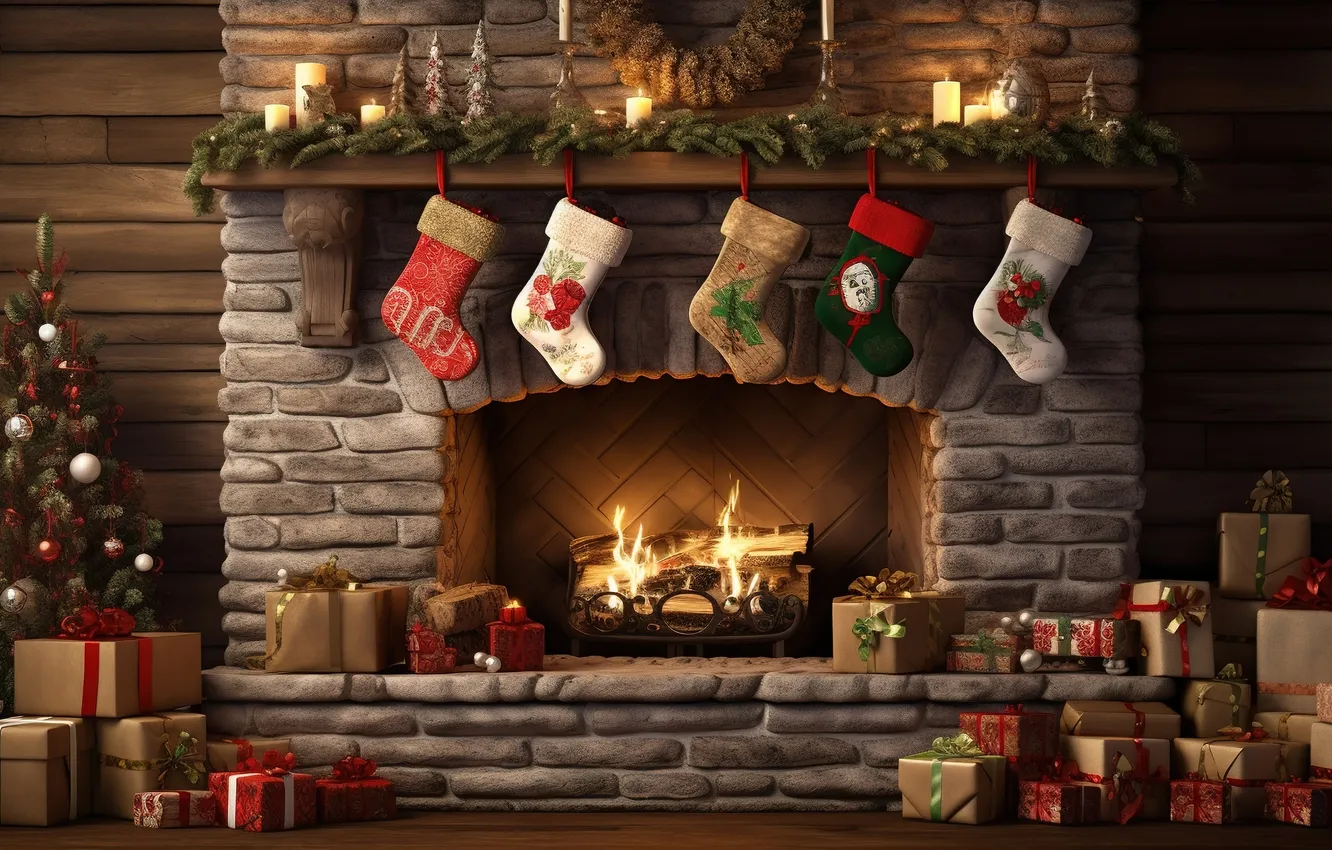 Photo wallpaper room, balls, tree, interior, Christmas, socks, fireplace, balls