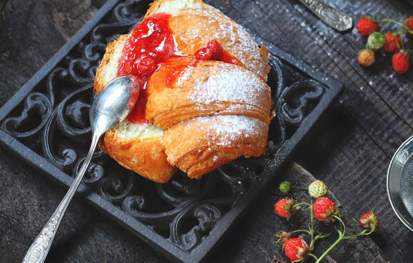 Photo wallpaper strawberry, jam, croissant