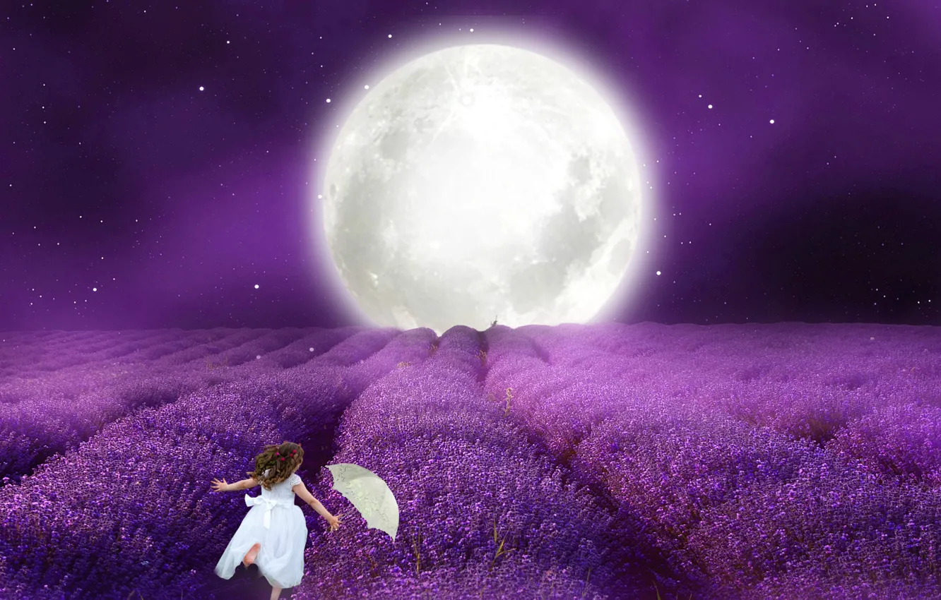 Photo wallpaper night, umbrella, The moon, white dress, little girl, lavender pod