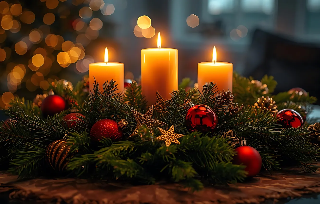 Photo wallpaper decoration, balls, candles, Christmas, wreath, balls, wood, candles