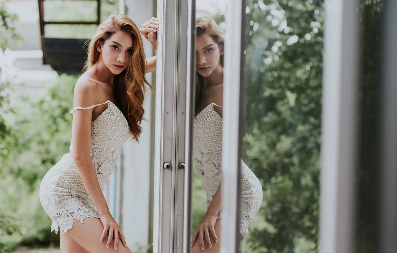 Photo wallpaper glass, girl, sexy, pose, reflection, model, makeup, figure
