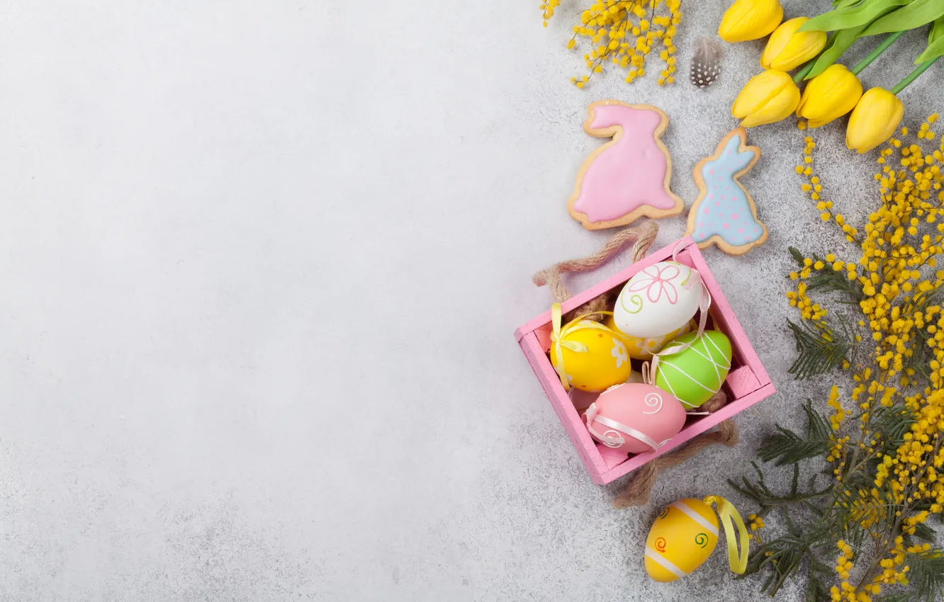 Photo wallpaper flowers, eggs, spring, colorful, Easter, tulips, wood, flowers