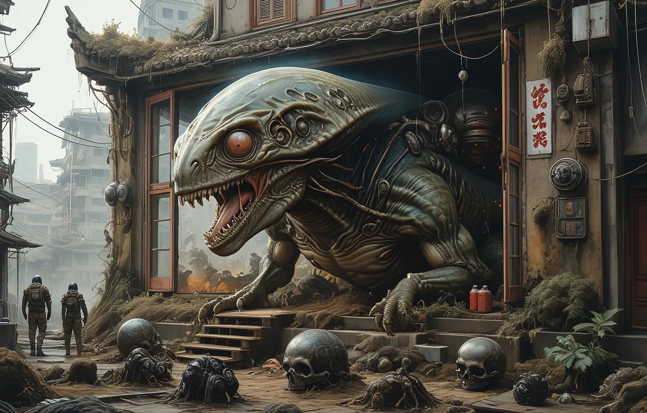 Photo wallpaper the city, skull, monster, horror, horror