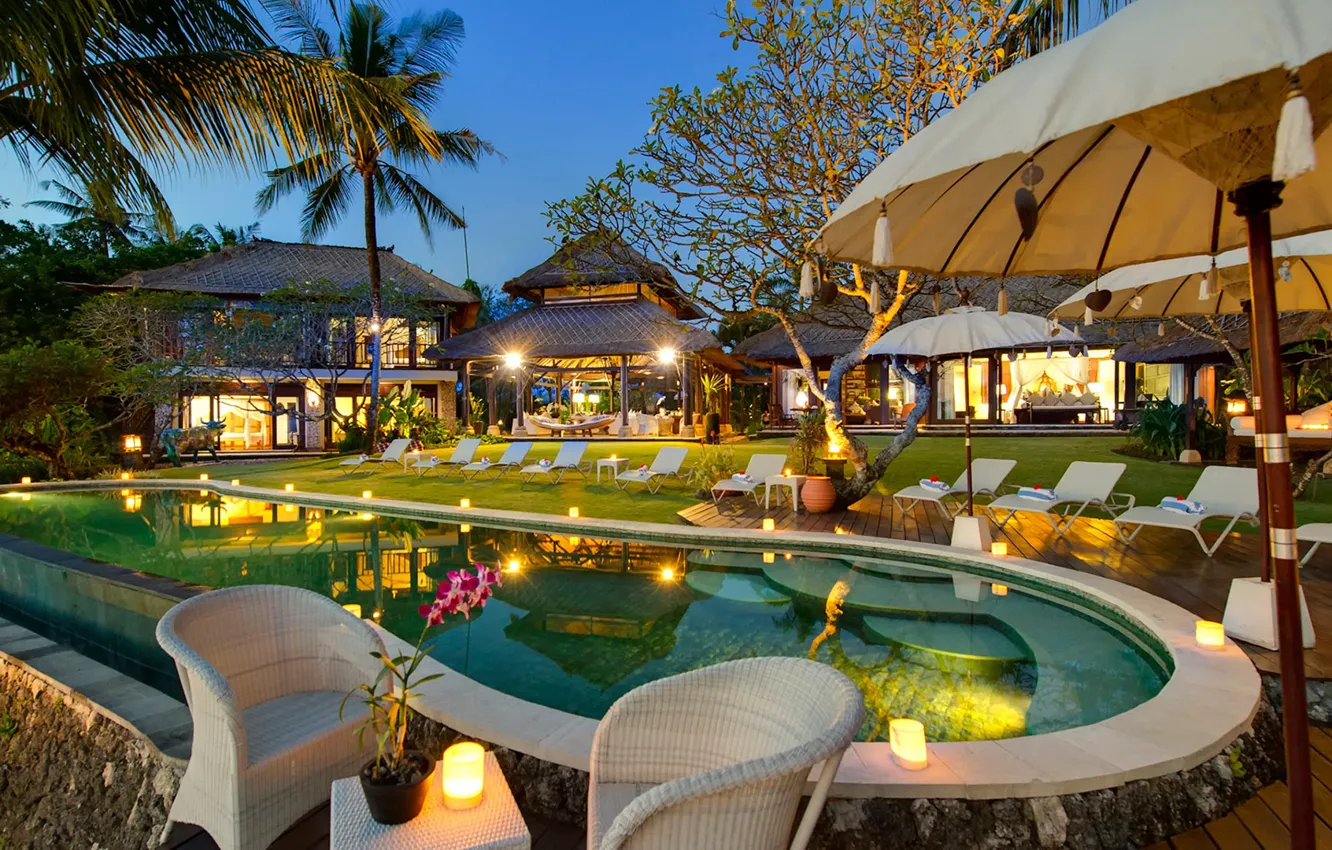 Photo wallpaper palm trees, the evening, pool, lighting, Bali, resort, Bali, villa Sungai Tinggi
