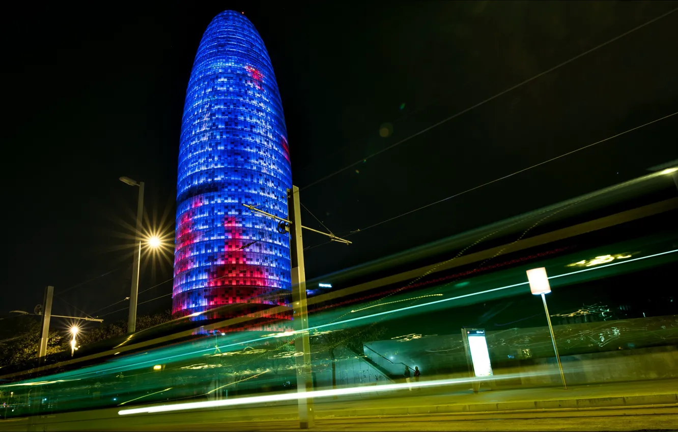 Photo wallpaper night, lights, building, tower, Spain, Barcelona, Agbar