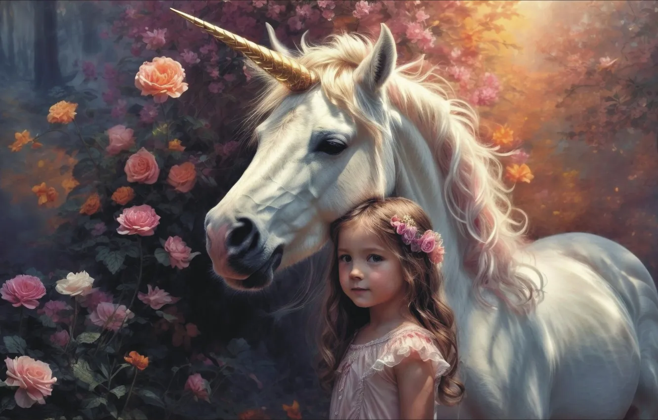 Photo wallpaper fiction, art, pair, unicorn, girl, art, two, little girl