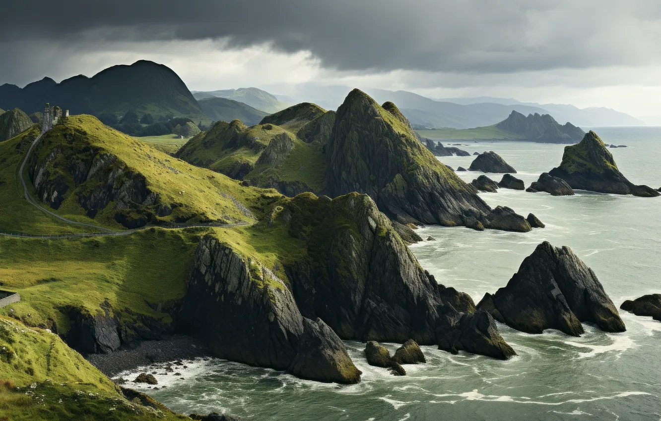 Photo wallpaper sky, landscape, nature, water, art, mountains, clouds, rocks