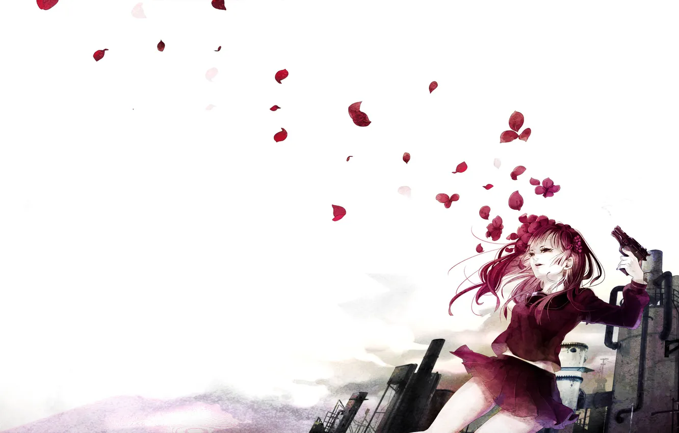 Photo wallpaper girl, the city, gun, weapons, figure, petals, akiak as