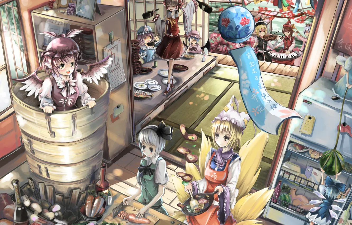 Photo wallpaper girl, violin, bottle, food, wings, art, tail, bow