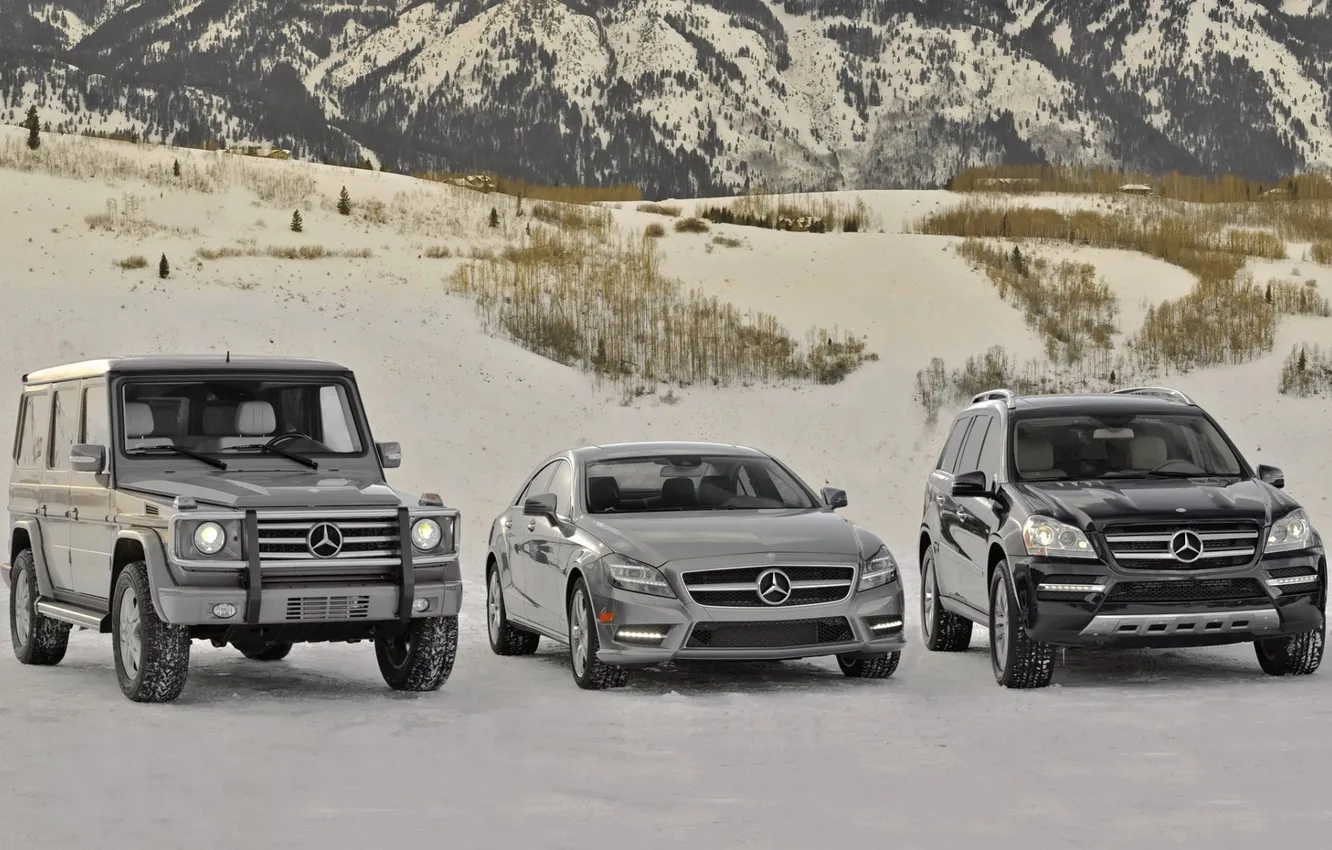 Photo wallpaper snow, mountains, mercedes-benz, Mercedes, mixed, cls-class, lineup, G-class