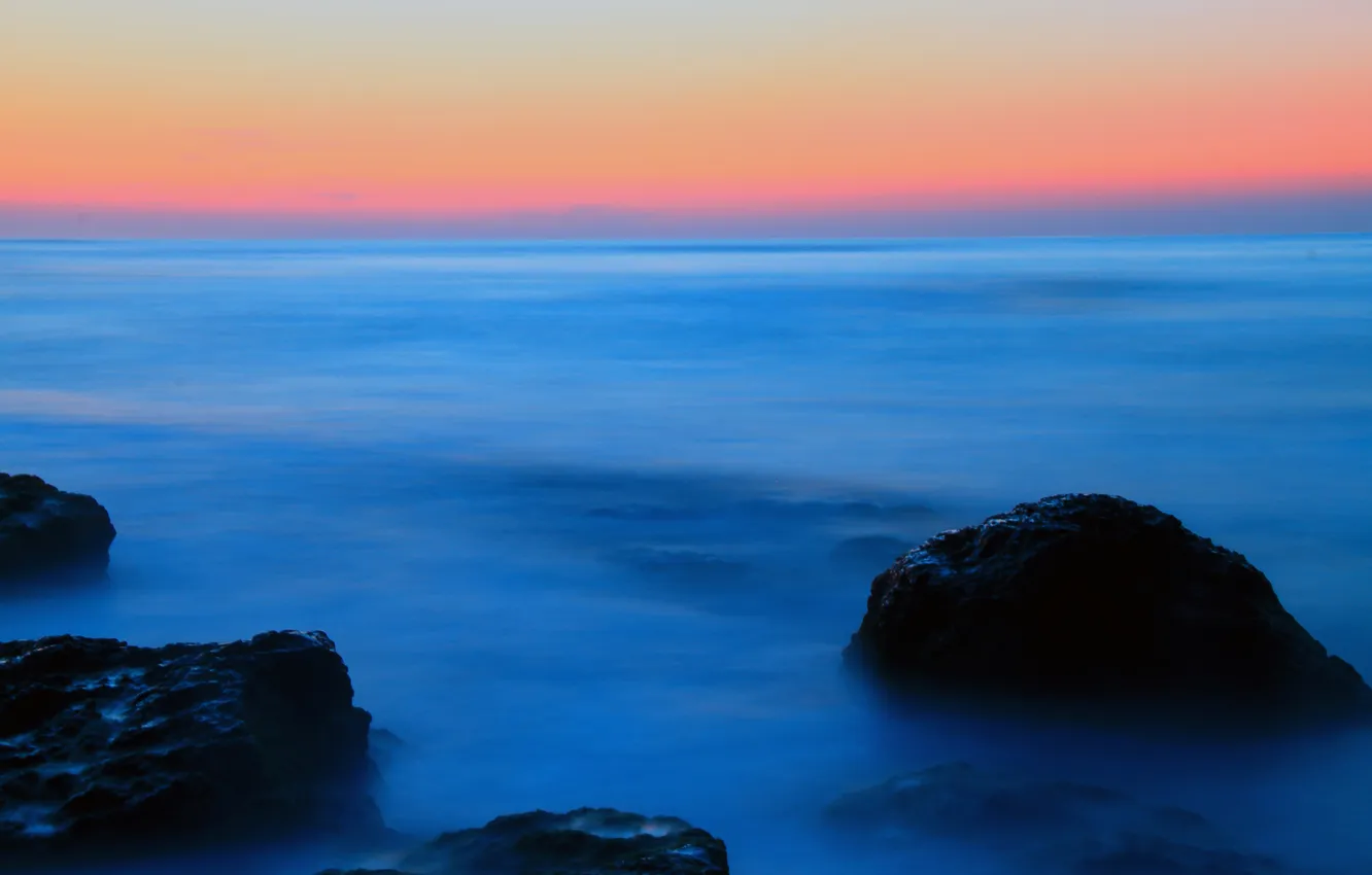 Photo wallpaper sea, the sky, water, landscape, sunset, blue, fog, surface