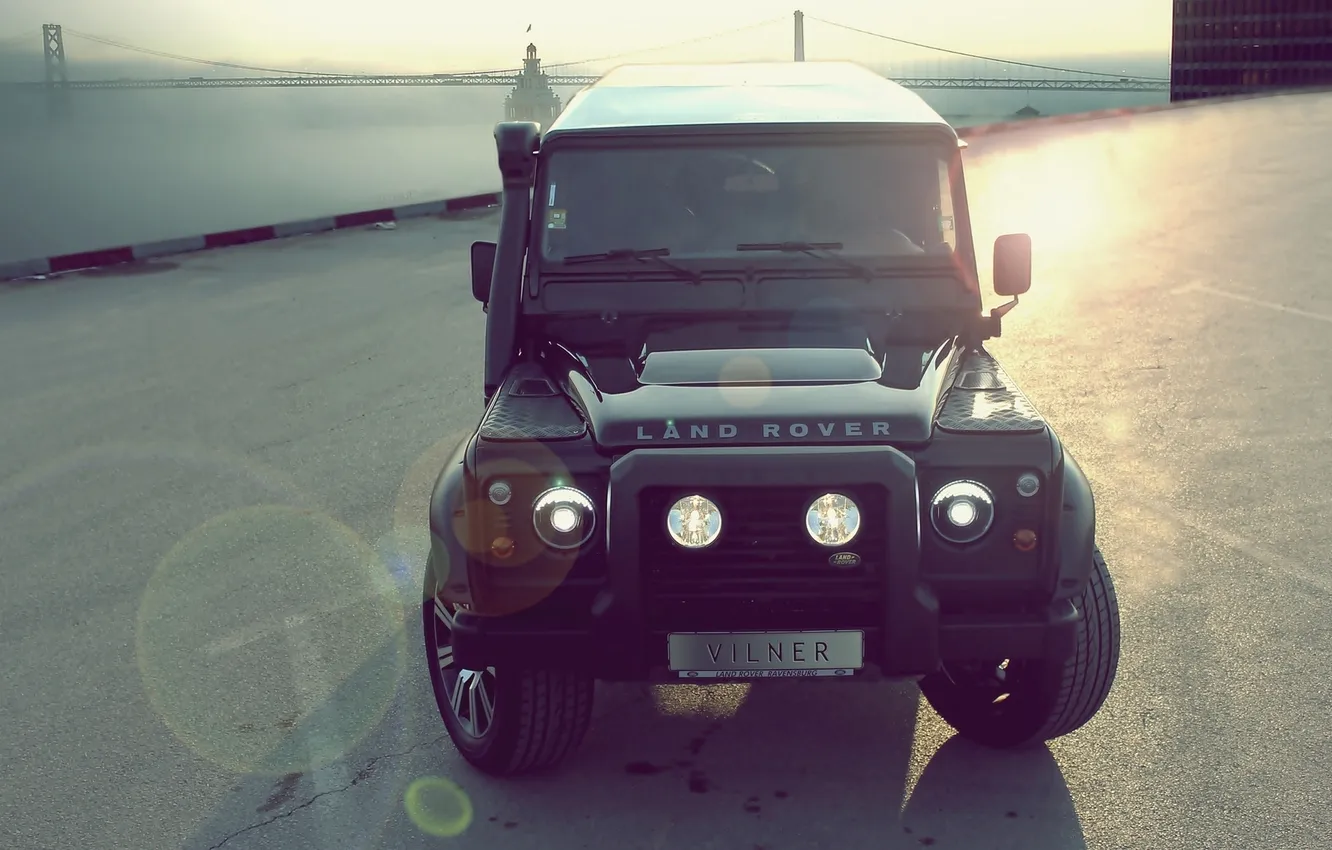 Photo wallpaper bridge, shore, black, tuning, Land Rover, tuning, the front, Defender