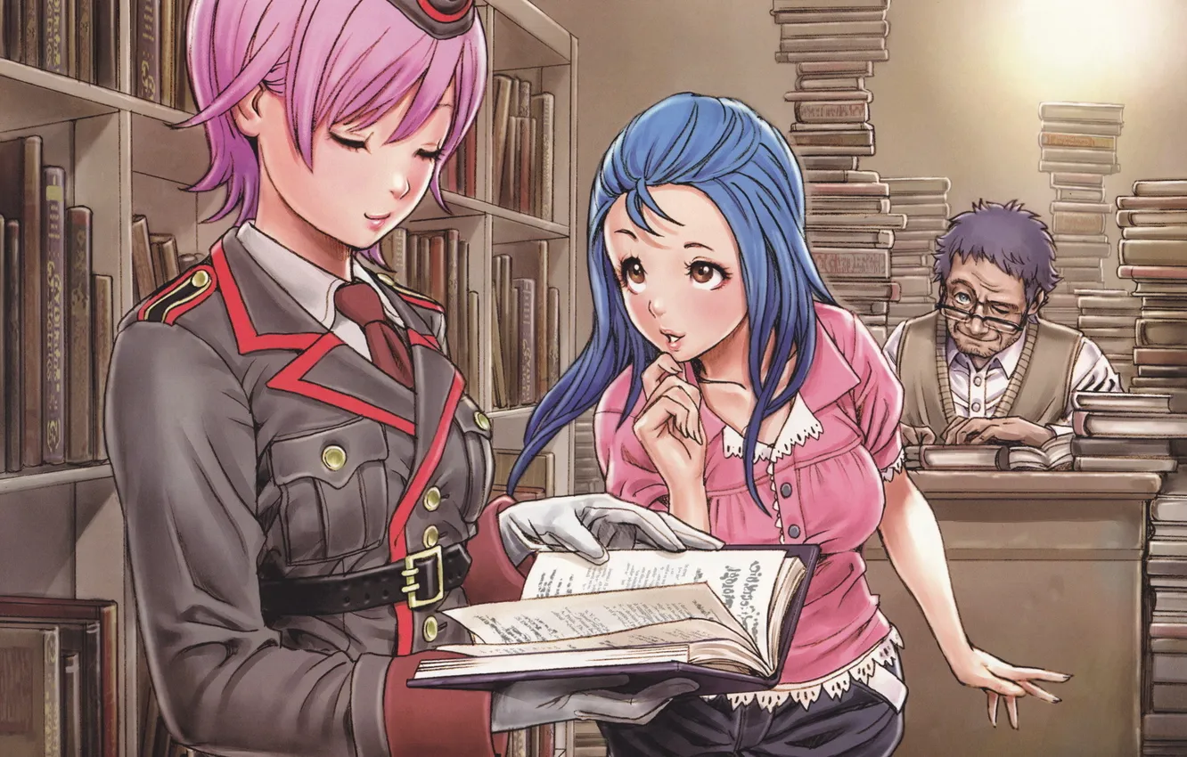 Photo wallpaper girl, book, form, library, yamashita shunya