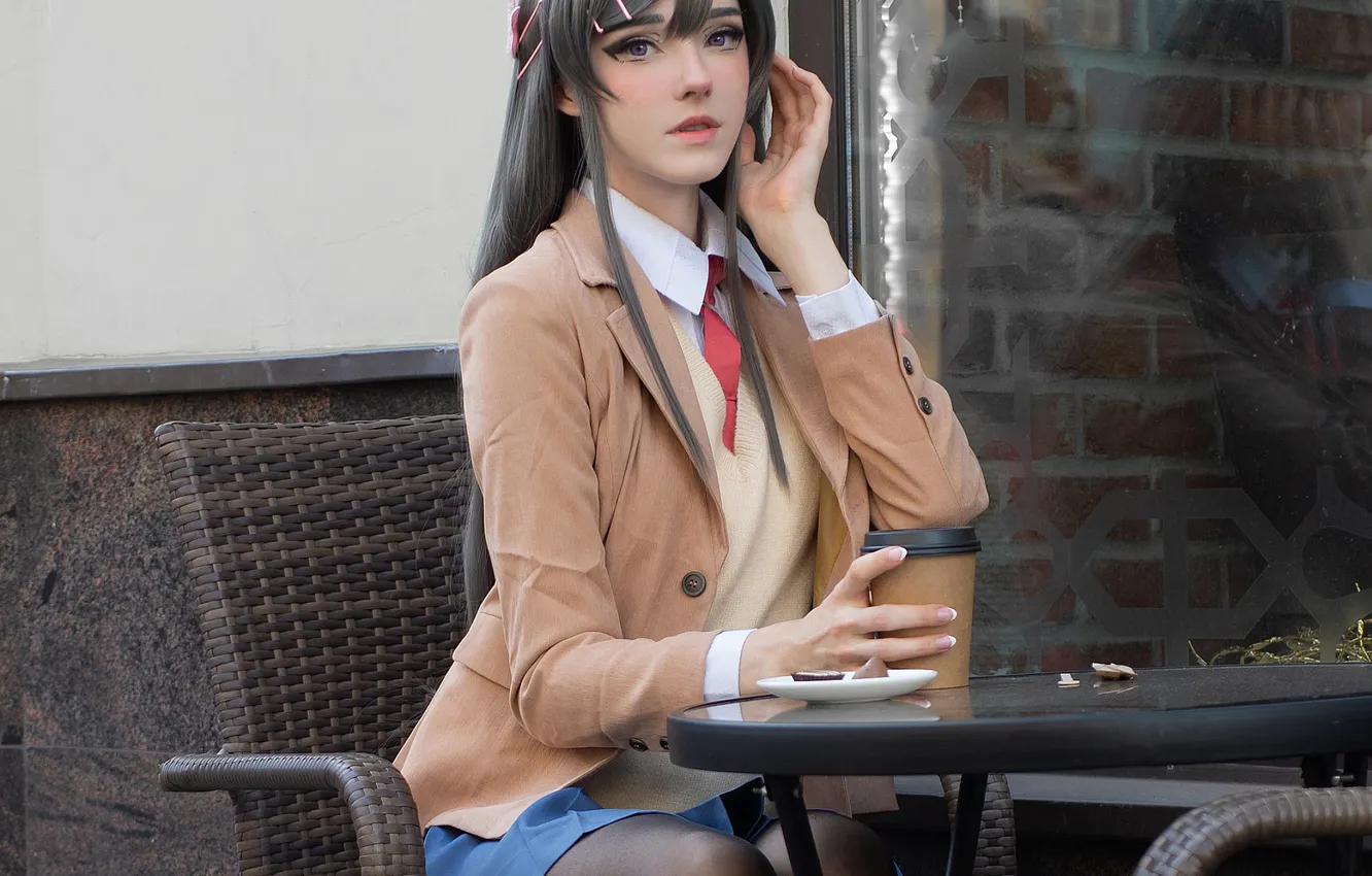 Photo wallpaper Beautiful, Asian, Model, Glass, Coffee, Table, Woman, Cute