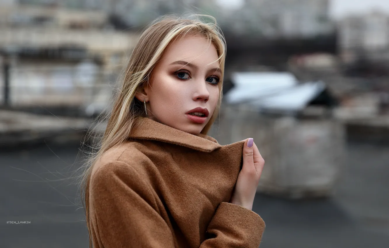 Photo wallpaper look, girl, face, pose, portrait, coat, Denis Lankin