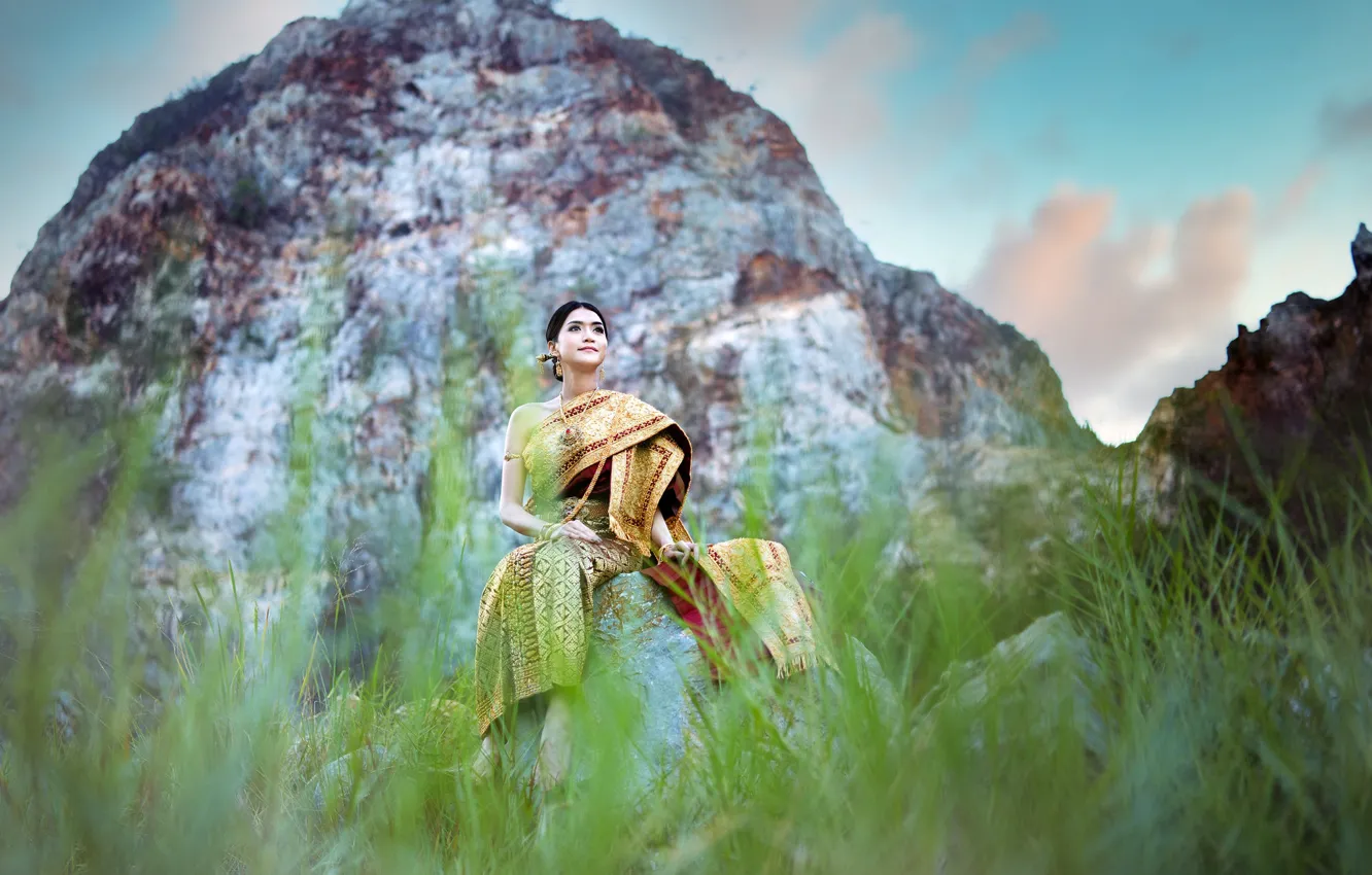Photo wallpaper the sky, grass, look, girl, clouds, decoration, mountains, nature