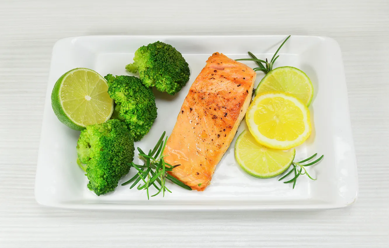 Photo wallpaper lemon, food, fish, vegetables, fish, seafood, lemons, steak