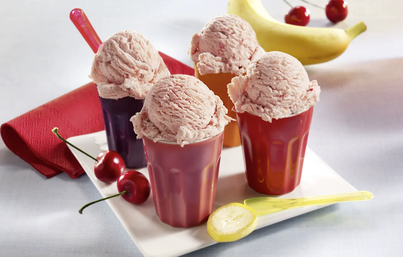Photo wallpaper cherry, food, ice cream, bananas, sweets, fruit, dessert, food
