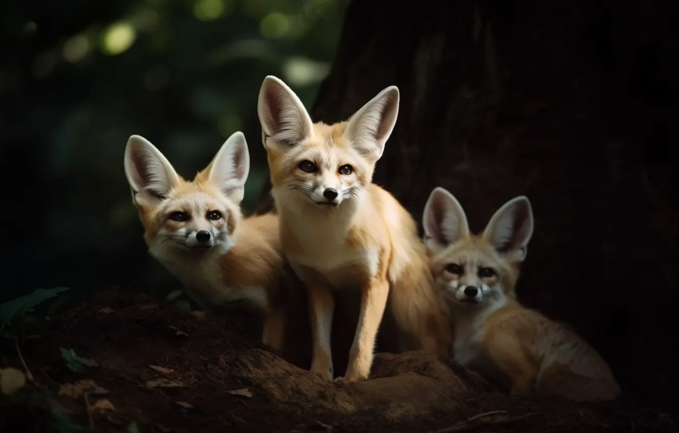 Photo wallpaper forest, trees, nature, pose, the dark background, Fox, face, trio