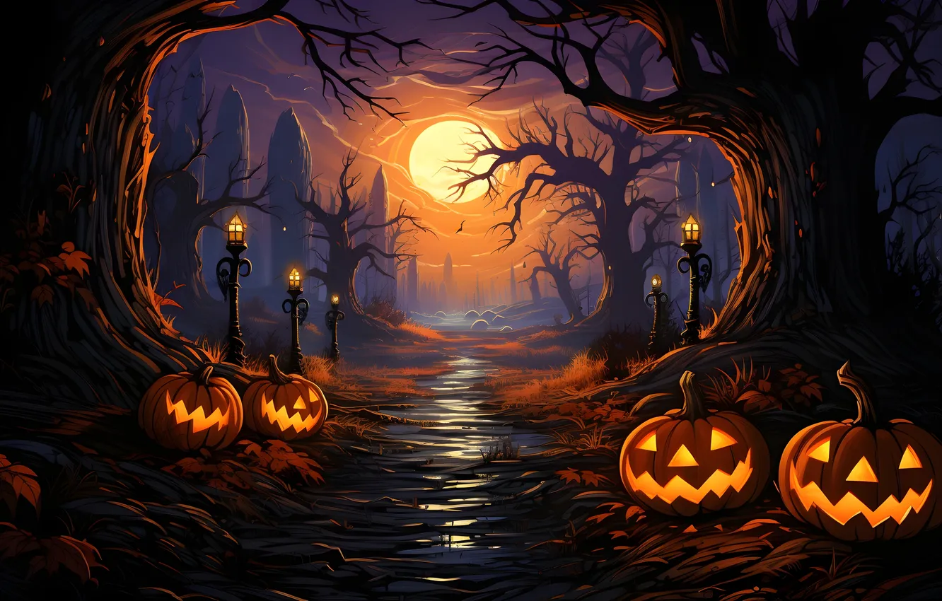 Photo wallpaper road, clouds, trees, night, lights, the moon, lights, Halloween