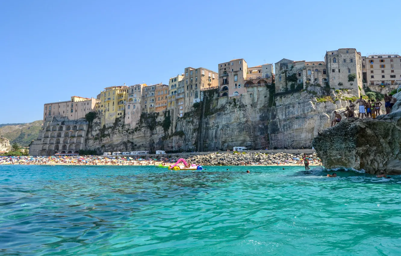 Photo wallpaper sea, beach, rocks, home, Italy, Tropea, Calabria