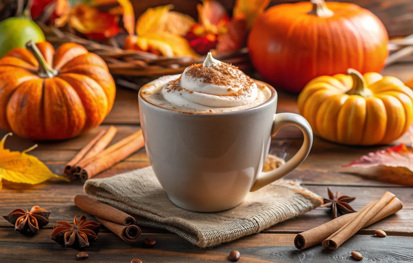 Photo wallpaper autumn, leaves, pumpkin, autumn, leaves, coffee cup, pumpkin, cozy