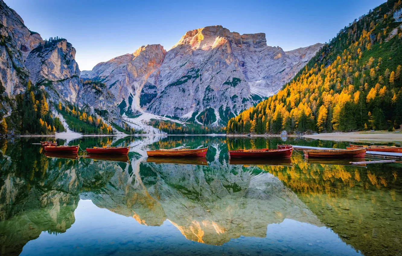 Photo wallpaper landscape, mountains, nature, lake, reflection, boats, Italy, forest