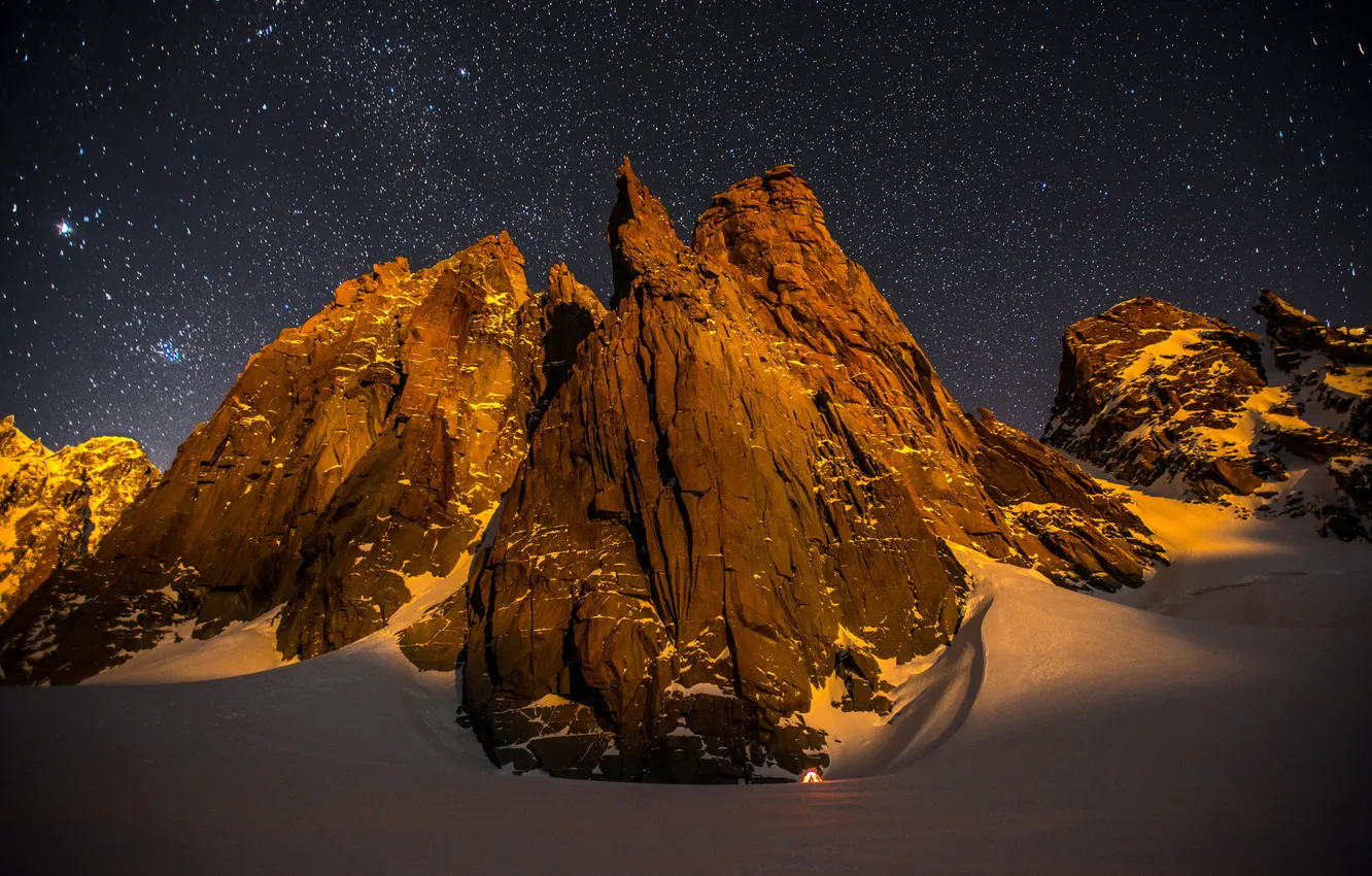 Photo wallpaper winter, stars, snow, landscape, mountains, night