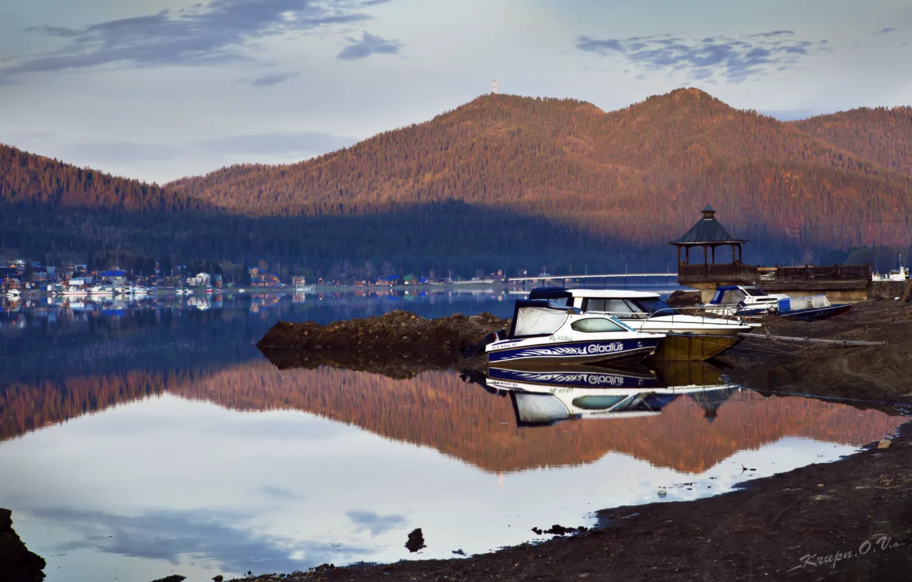 Photo wallpaper water, landscape, mountains, nature, surface, dawn, earth, shore