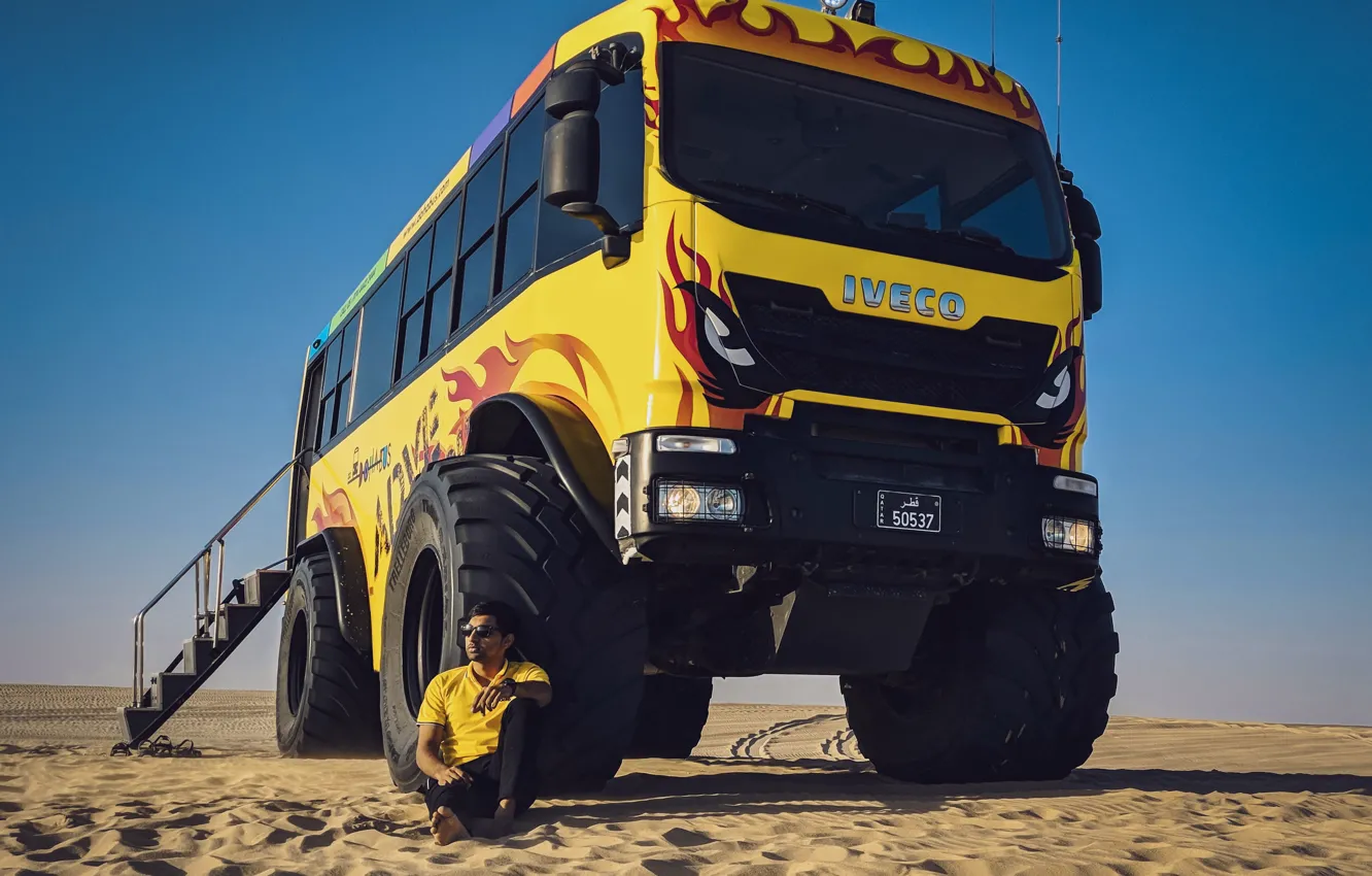 Photo wallpaper desert, tuning, sand, truck, Iveco, Abuli Munavary, Big Tire