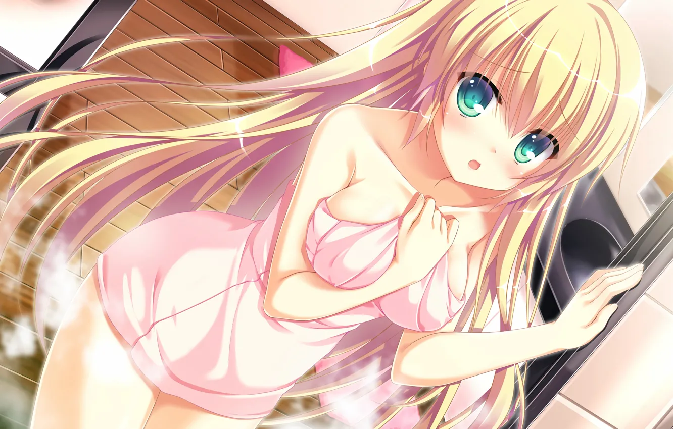 Photo wallpaper girl, sexy, cleavage, green eyes, long hair, boobs, anime, beautiful