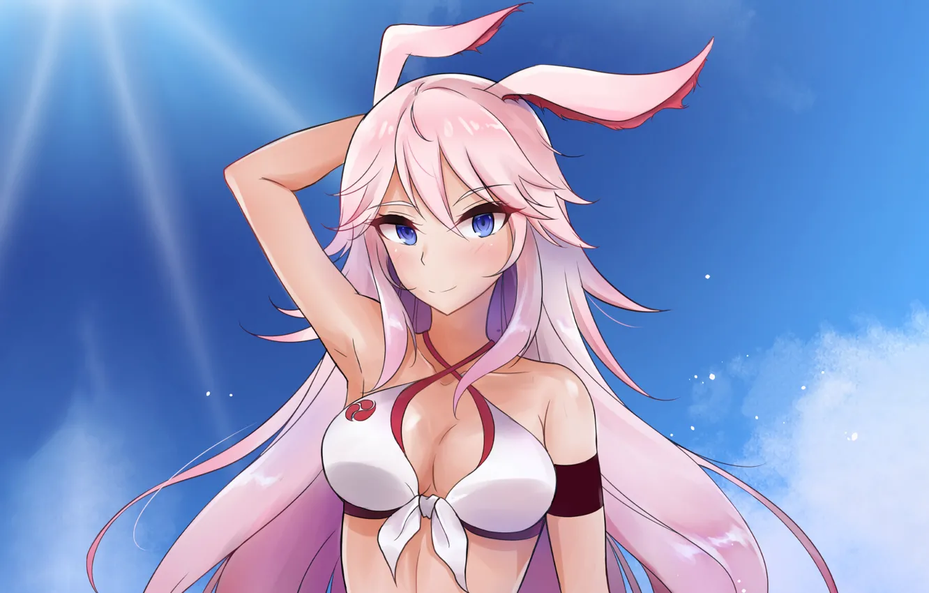 Photo wallpaper girl, sexy, cleavage, pink hair, sky, long hair, boobs, animal ears