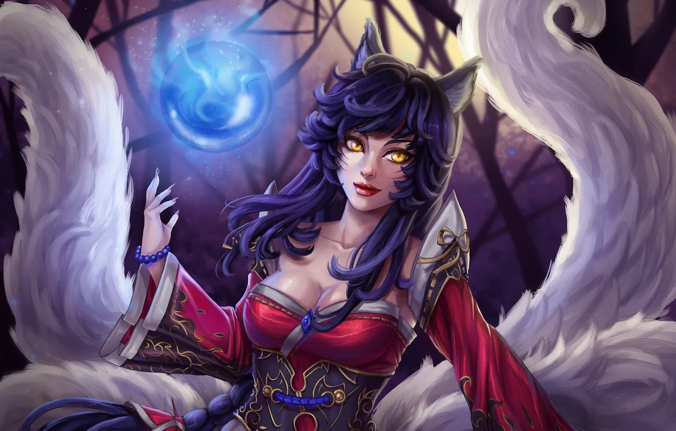 Photo wallpaper girl, Fox, tail, ears, League of Legends, Ahri, Nine-Tailed Fox
