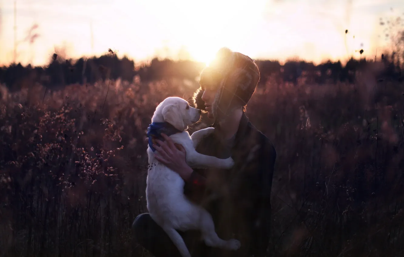 Photo wallpaper sunset, people, dog