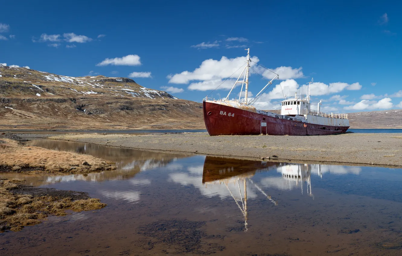 Photo wallpaper sea, landscape, shore, ship