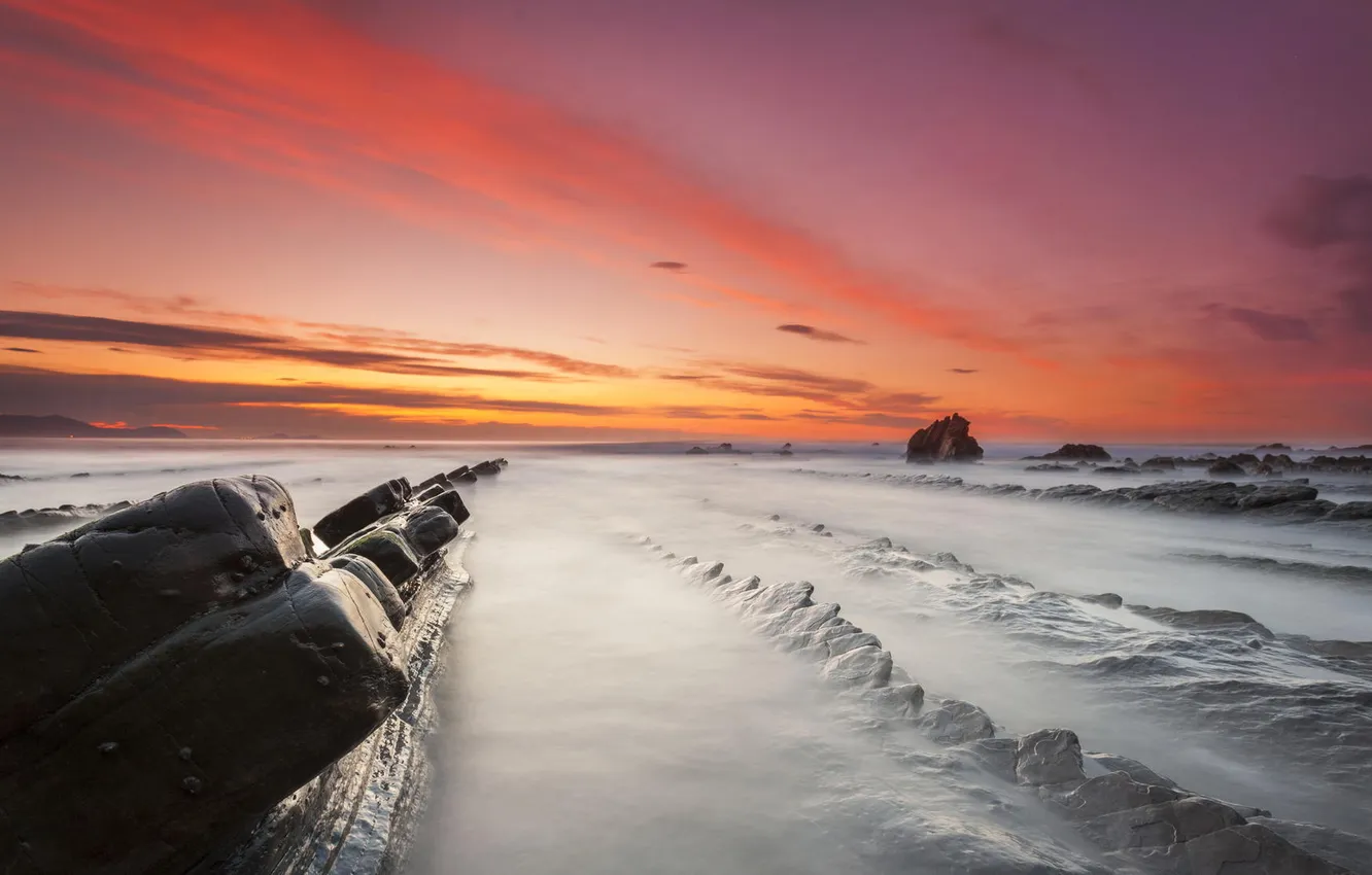 Photo wallpaper landscape, the ocean, rocks, dawn