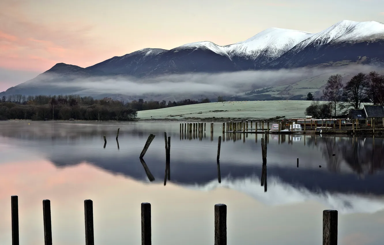 Photo wallpaper mountains, lake, morning