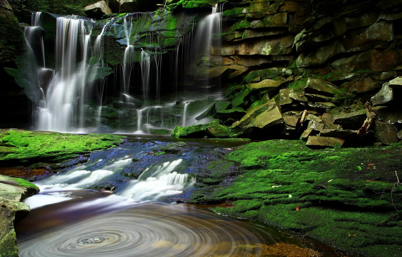 Photo wallpaper greens, water, trees, stones, waterfall