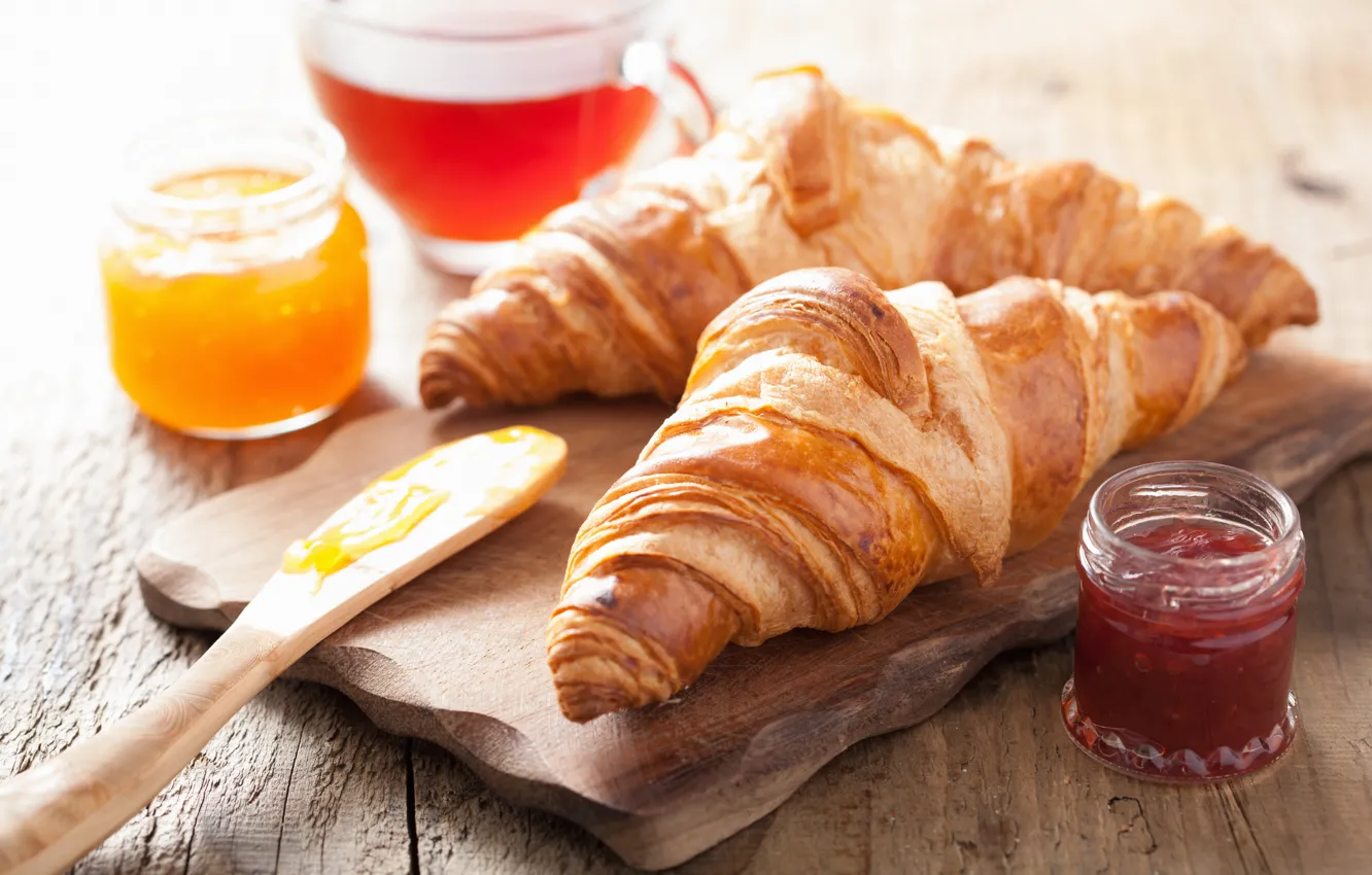 Photo wallpaper cakes, jam, breakfast, croissant, growing