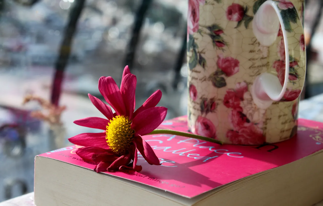 Photo wallpaper flowers, petals, mug, Cup, book, pink