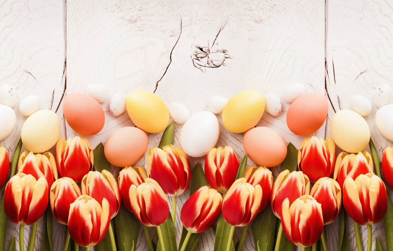 Photo wallpaper Easter, tulips, wood, tulips, spring, Easter, eggs, decoration