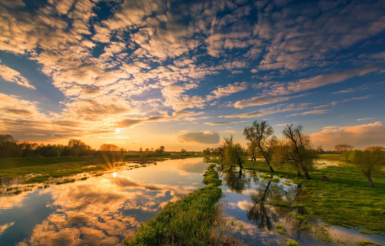 Photo wallpaper clouds, trees, reflection, river