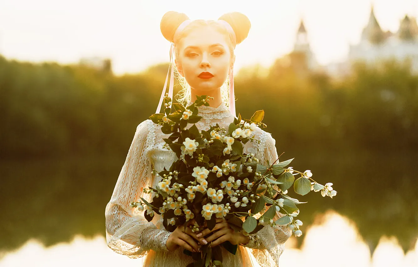 Photo wallpaper look, leaves, girl, light, flowers, branches, nature, pose