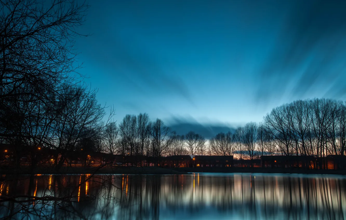 Photo wallpaper trees, lake, pond, home, the evening, twilight