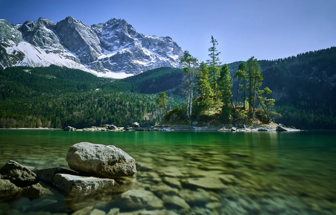 Photo wallpaper forest, trees, mountains, lake, stones, Germany, Bayern, Alps