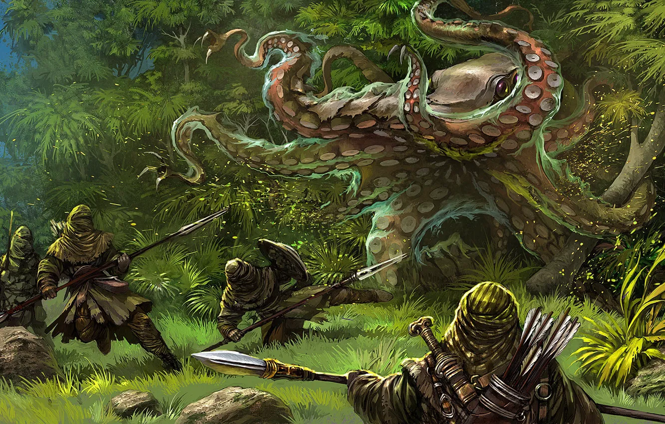 Photo wallpaper forest, attack, monster, warriors, Gamedev illustration